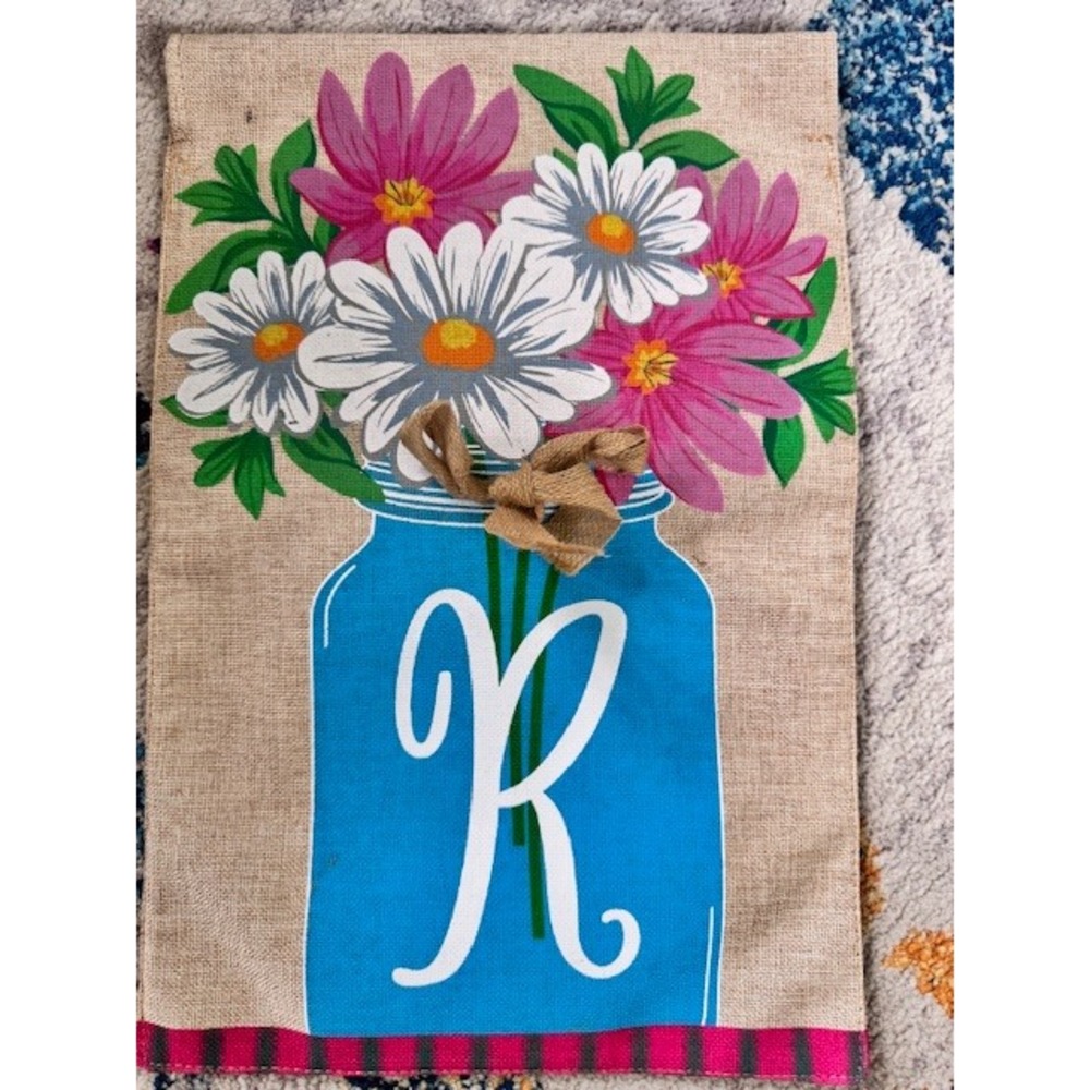 Monogram Letter K Burlap Garden Flag Mason Jar Floral Daisy Outdoor Decor - Picture 2 of 3